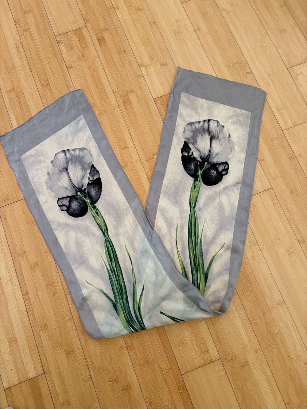 Vintage Floral Iris Silk Scarf in Soft Gray Purple and Green